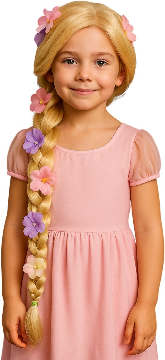 Joya Kids® Prinsessen Pruik Blond met lange Vlecht | Pruik Prinses Kinderen Lang Blond Haar met Vlecht en bloemen | Meisjes verkleedpruik Prinses